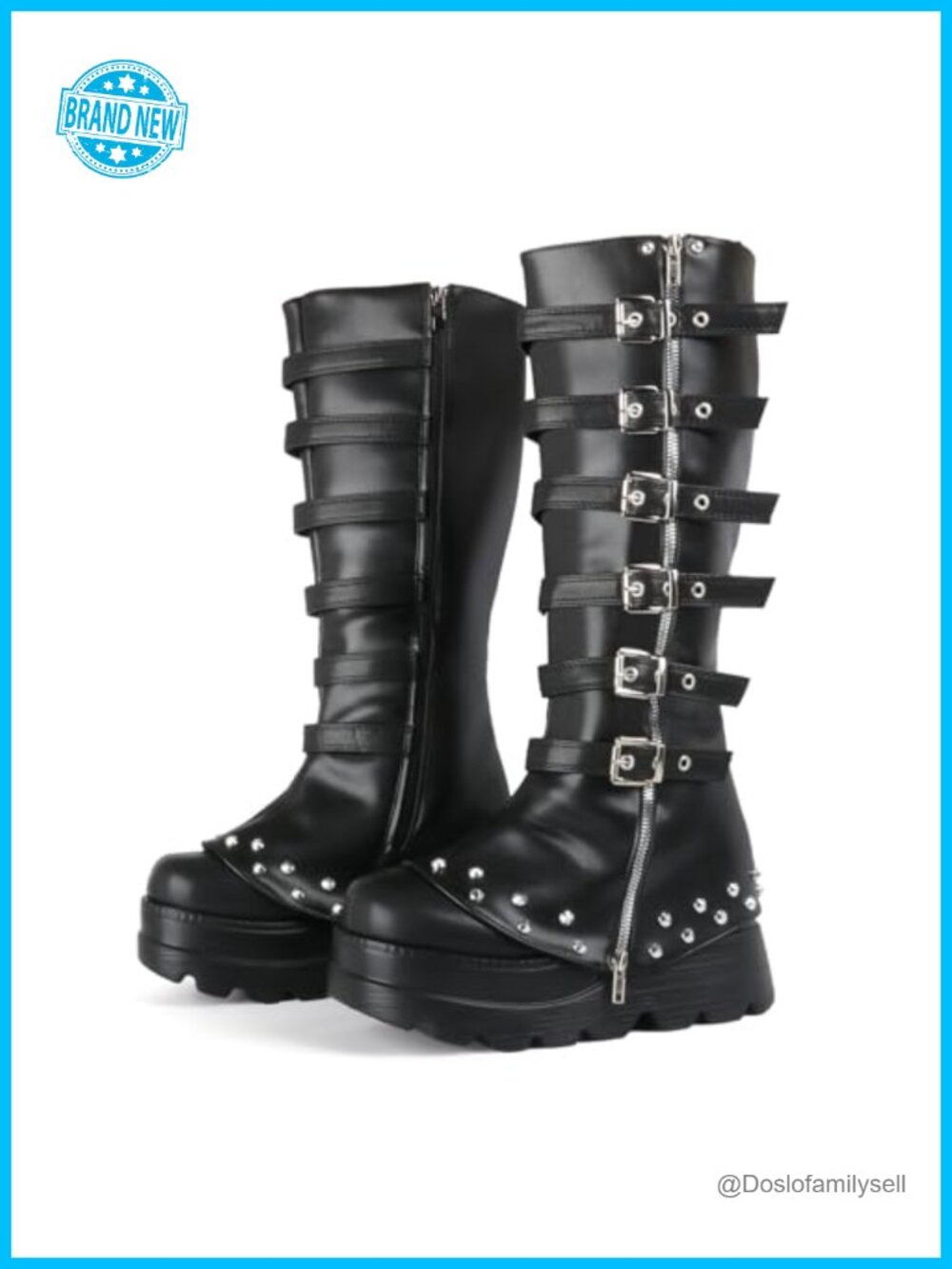 Women's Chunky Heel Knee-High Combat Boots Platform Strappy Buckle Zip